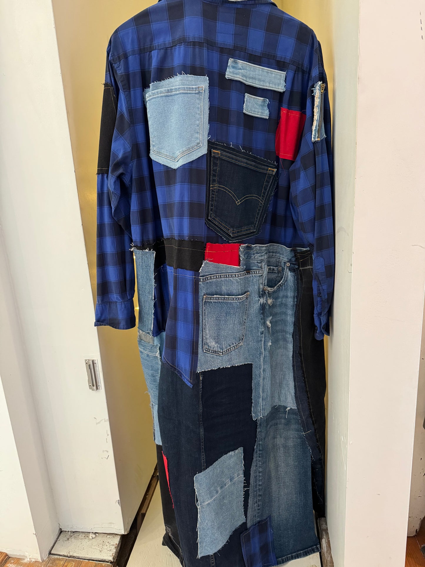 Wearable Art: Long Denim Buffalo Check Jacklet