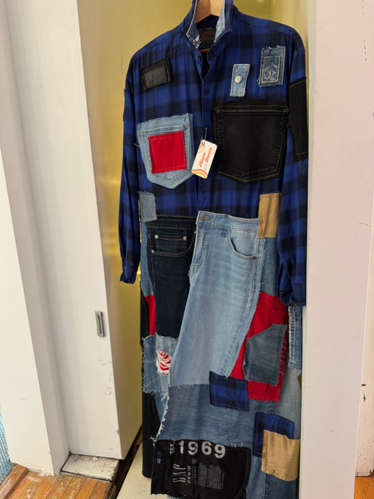 Wearable Art: Long Denim Buffalo Check Jacklet