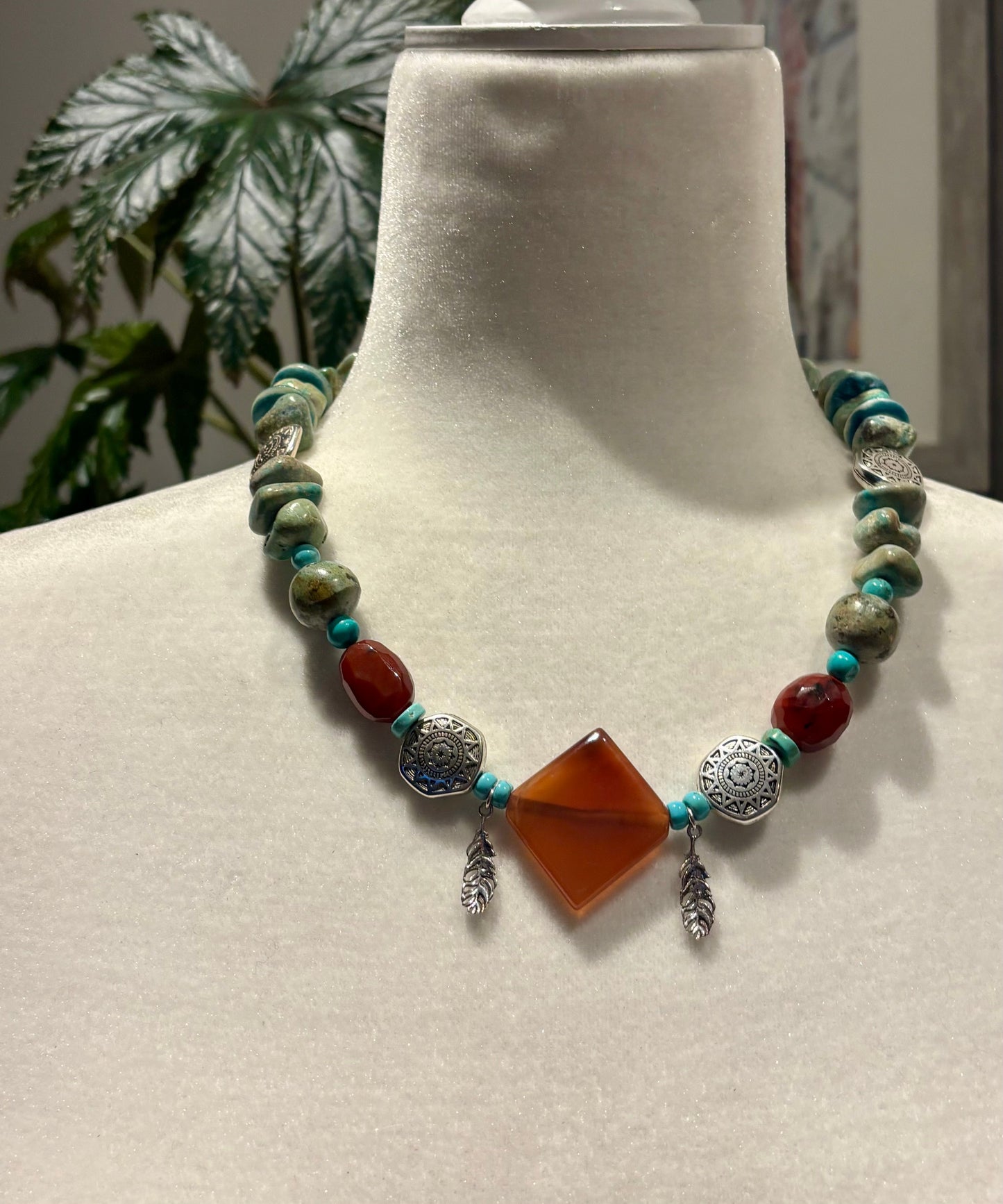 Sterling Silver Feathers and Turquoise Necklace