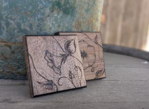Handcrafted Walnut Coasters with Flower Pyrography Design (set of 2)