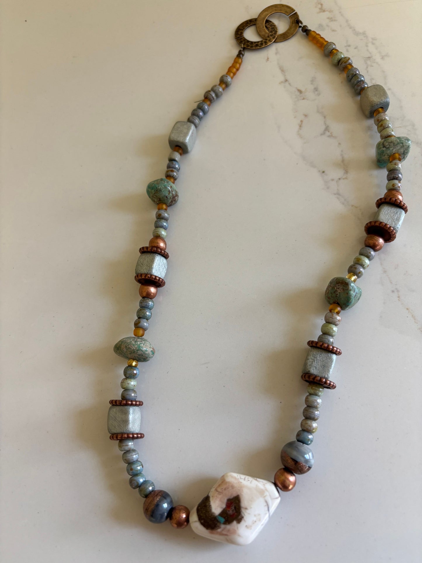 Green Turquoise and Collectable Conch Shell Bead with Inlay Necklace