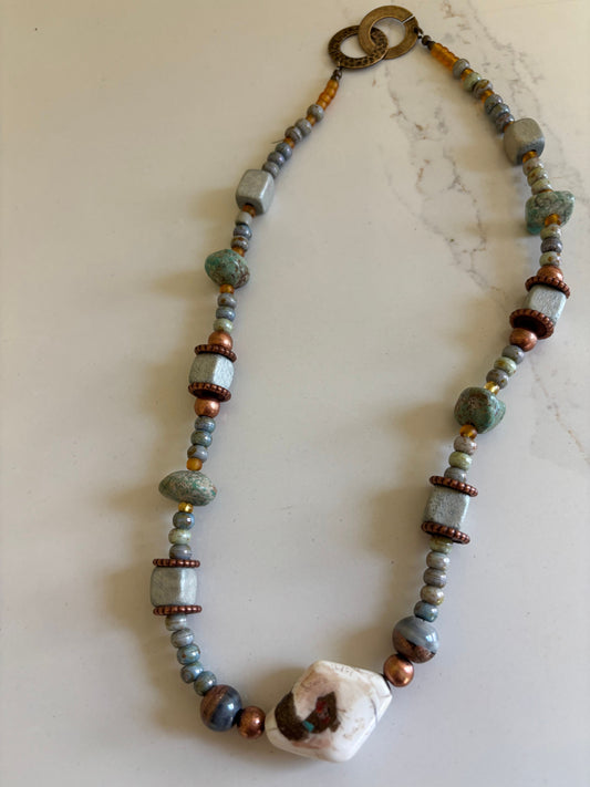 Green Turquoise and Collectable Conch Shell Bead with Inlay Necklace