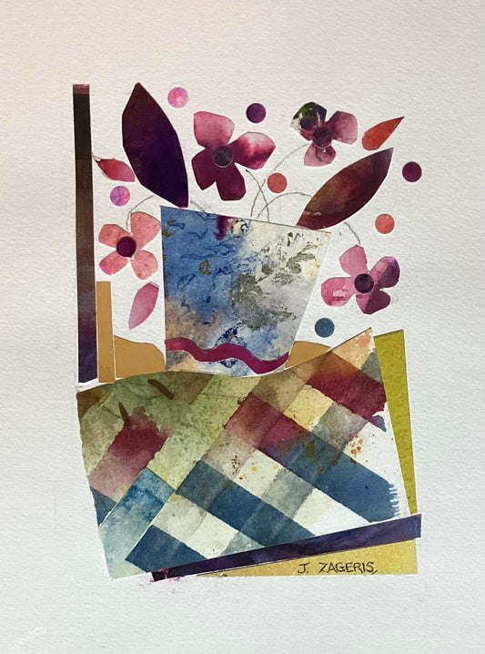Collected Impressions No. 5--Pink flowers and patterned table