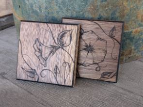 Handcrafted Walnut Coasters with Flower Pyrography Design (set of 2)