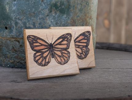 Handcrafted Maple Coasters with Butterfly Pyrography Design (set of two)